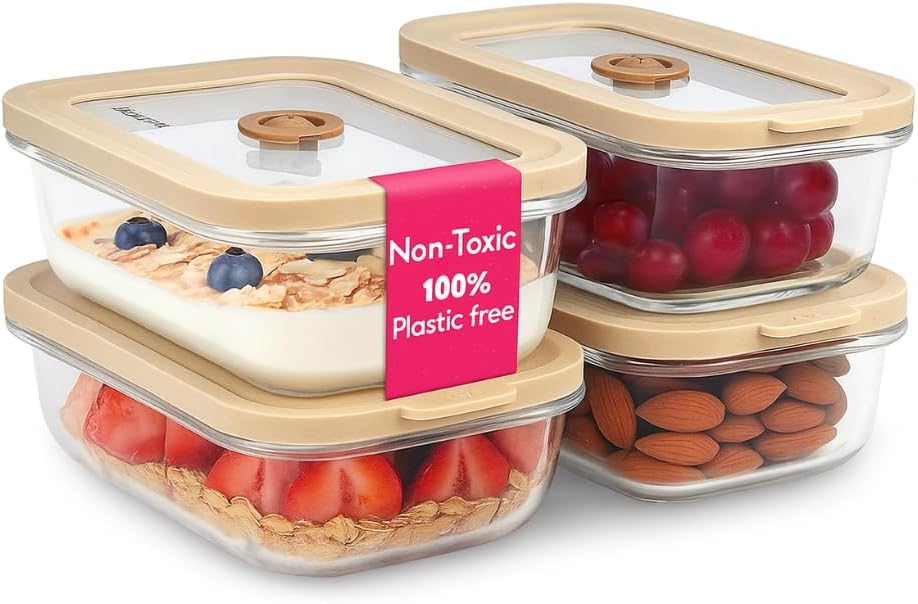 Plastic-Free Glass Food Storage Containers with Platinum Silicone Lids – 12 Oz - 4 Pack