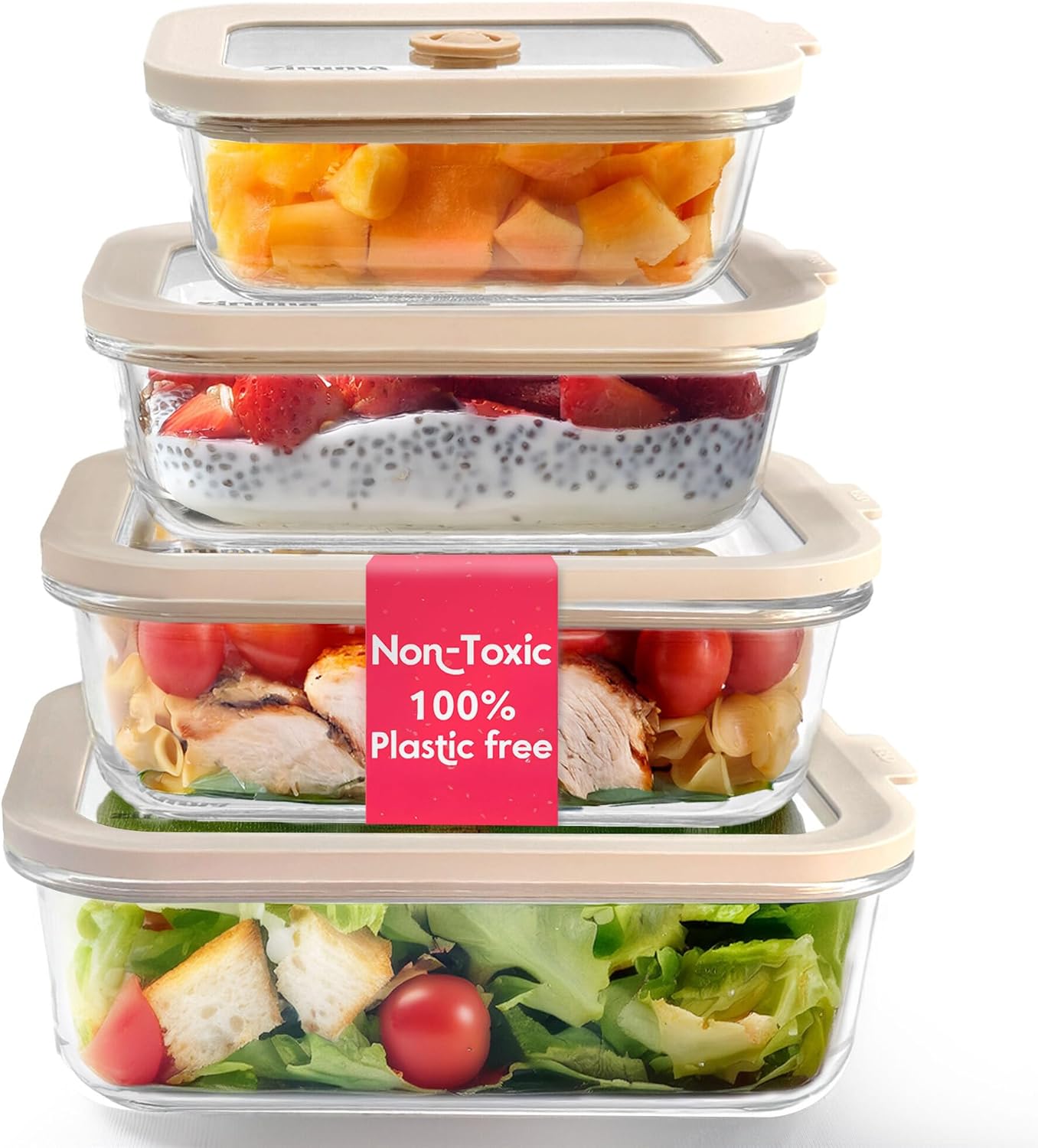 Multisize Non-Toxic Glass Food Storage Containers with Platinum Silicone Lids – 4-Pack