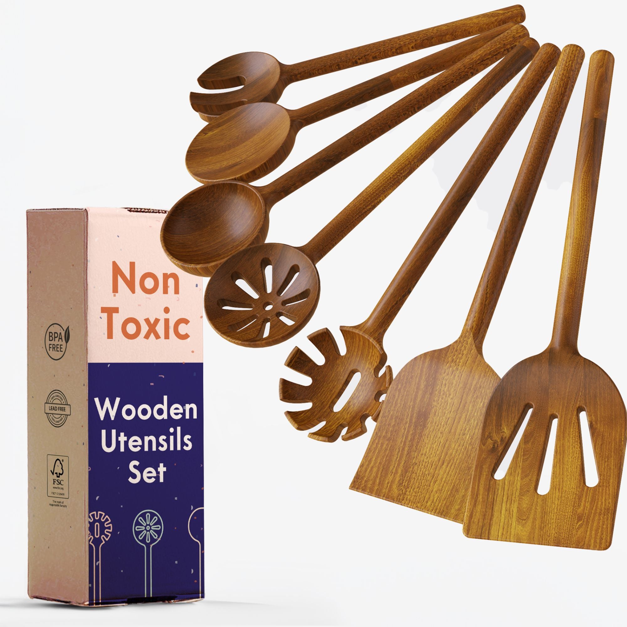 Non-Toxic Cooking Utensils 7-Piece, Glue-Free & One-Piece Wooden Spoons, Natural Wooden Set with Plant-Based Finish, Free of Chemicals.