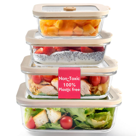 Glass Food Storage Containers with Glass Lids – Multisize (4-pack) / Beige [ZAFSGLCONTMPP4]